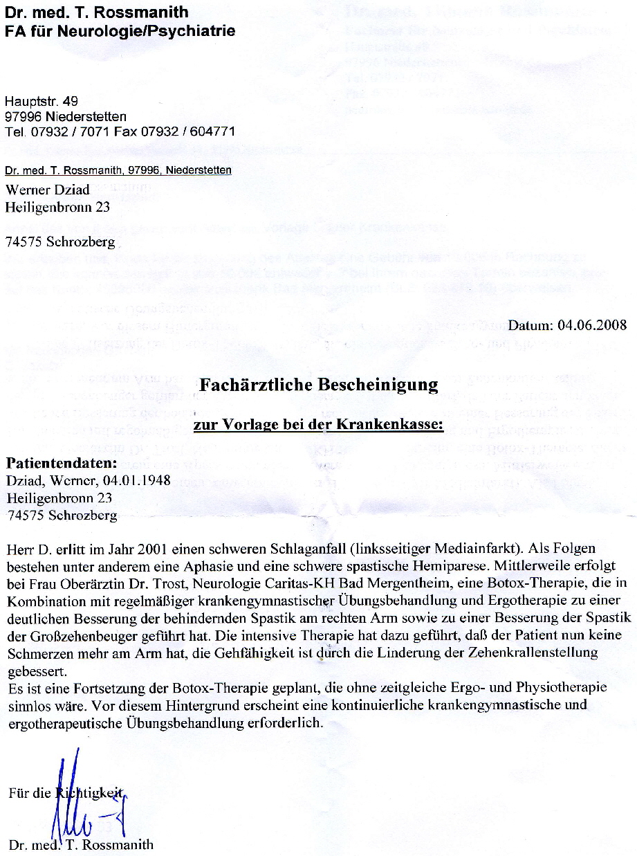 Ärztliches Attest H.Dr.  Rossmanith Neurologie