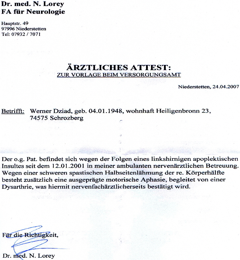 rztliches Attest von H.Dr. Lorey Neurologe