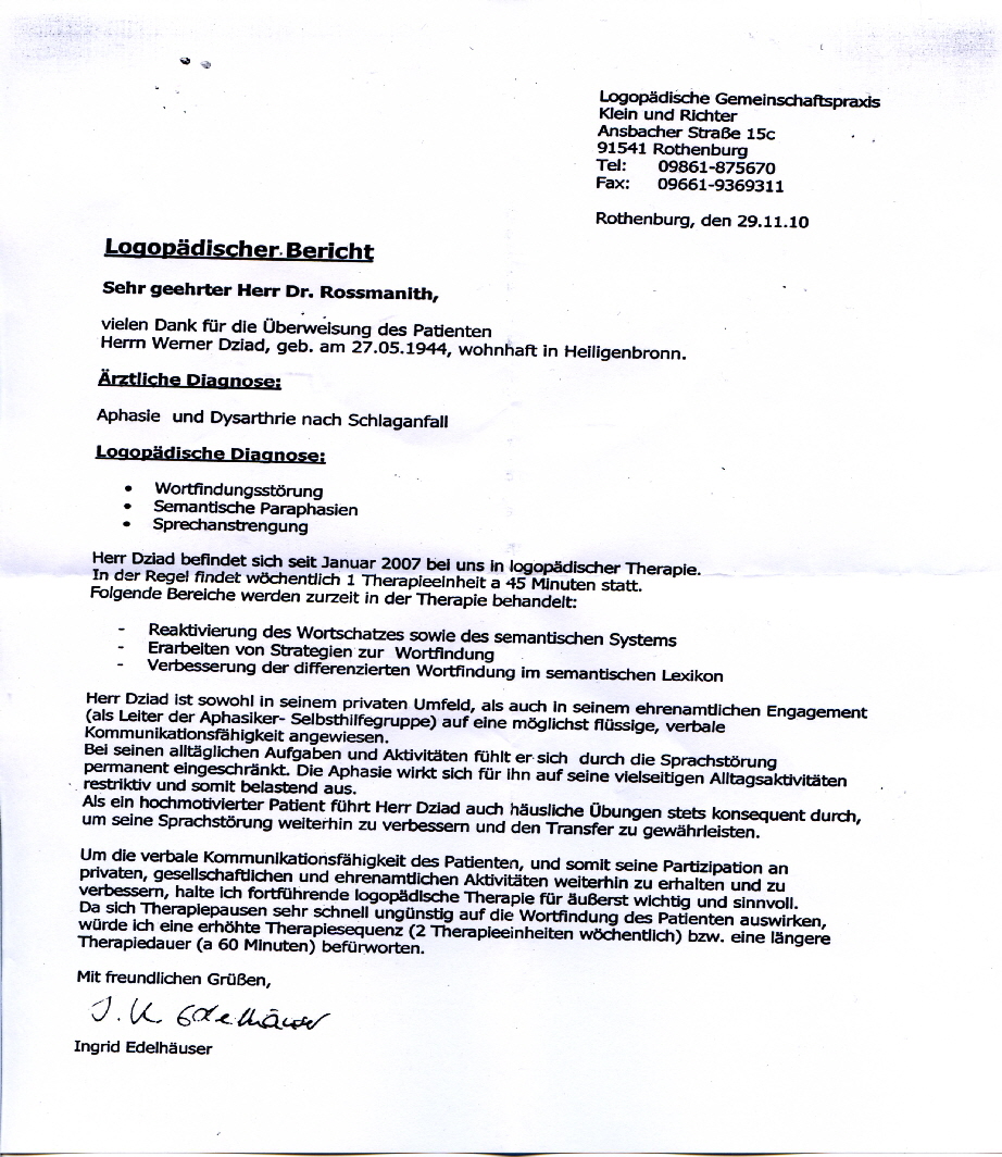Attest Logopädin Frau Ingrid Edelhäuser